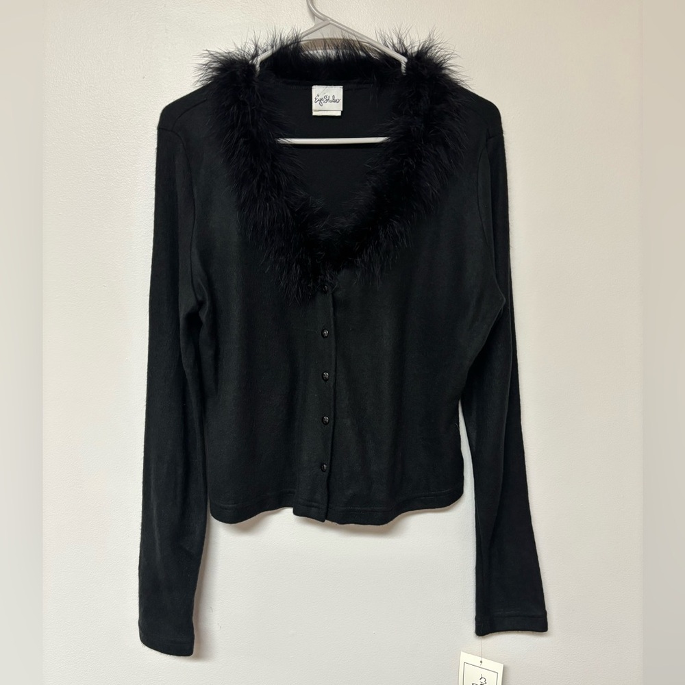 Vtg Whimsigoth Fairy Witchy Black Faux Fur Trim Top Dark Romantic L